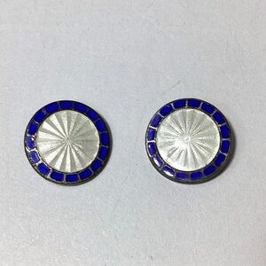 Antique Sterling Silver Guilloche Enamel Blue & White Art Deco Button Cufflinks